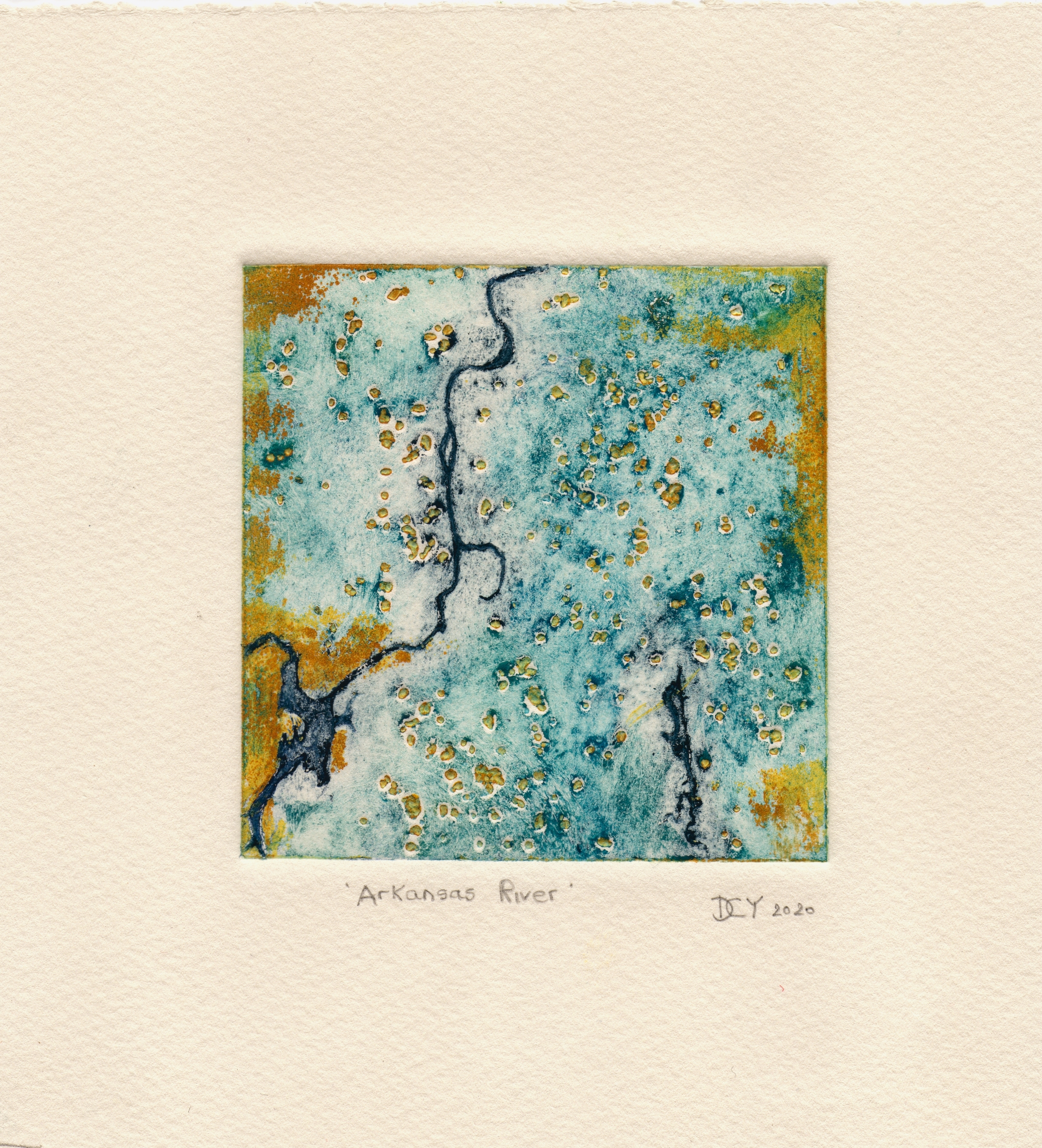 Original artwork of the Arkansas river seen from space produced as a textural collagraph print by Artist Diane Young