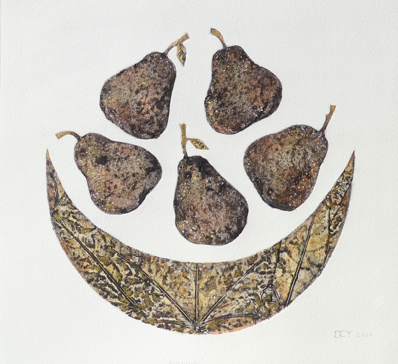 Textural abstract collagraph of pears in a bowl by artist Diane Young