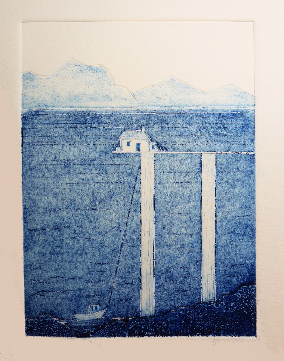 A collagraph of an isolated cottage on a loch with fishing boat by artist Diane Young