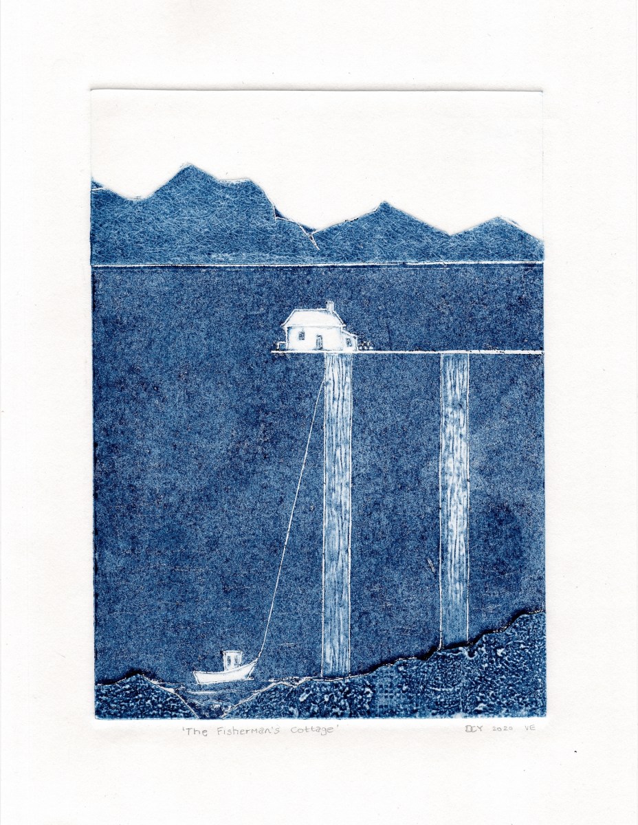 Collagraph print of a fisherman's cottage on a loch with boat by artist Diane Young