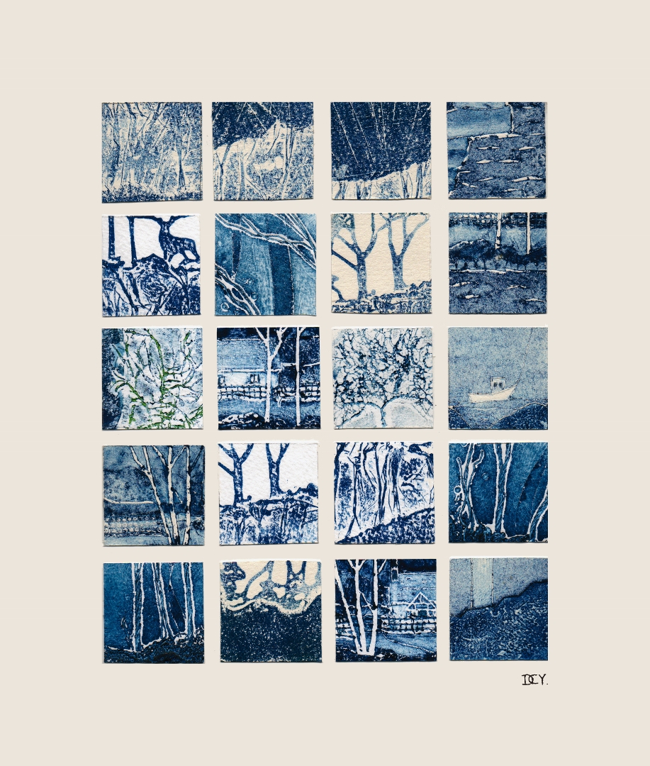 Collagraph print selection of woodland and harbour by artist Diane Young