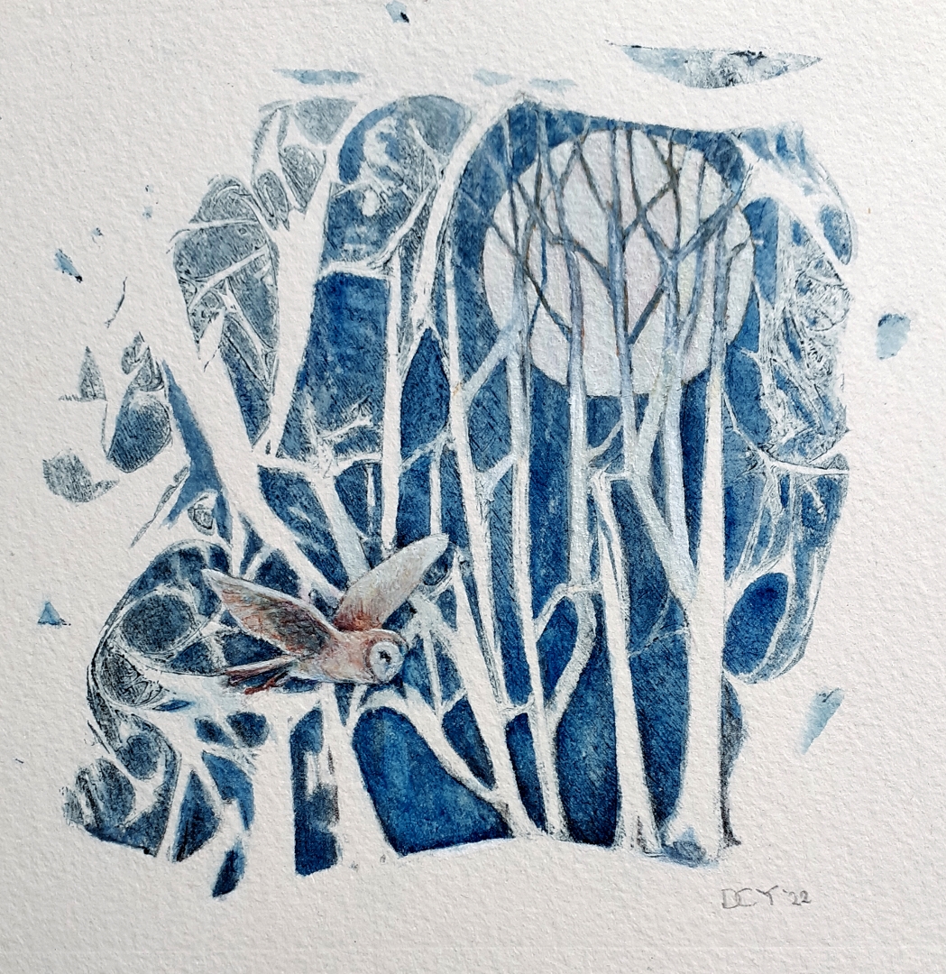 Mixed media snow scene of woodland and a barn owl by artist Diane Young